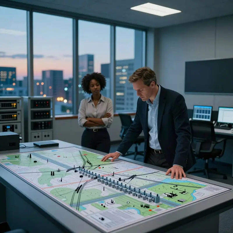Utility leaders review physical grid layouts in a control room overlooking a lit city.