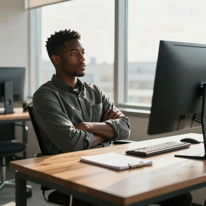 A professional reflects quietly in front of a dark screen, weighing how much control they feel over their AI tools.