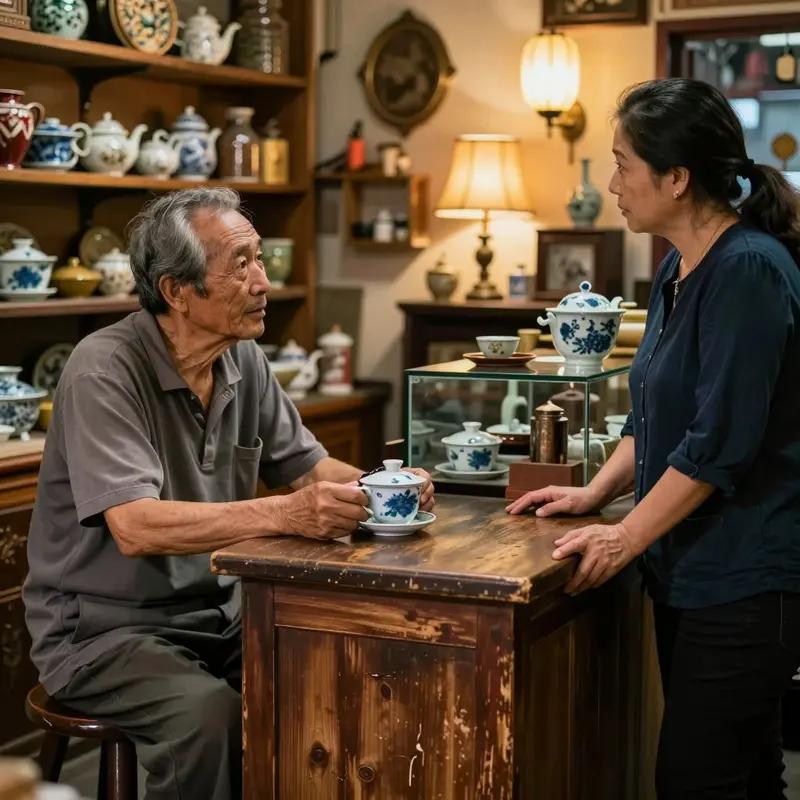 A vendor shares the story behind an item with a curious customer in an antique shop.