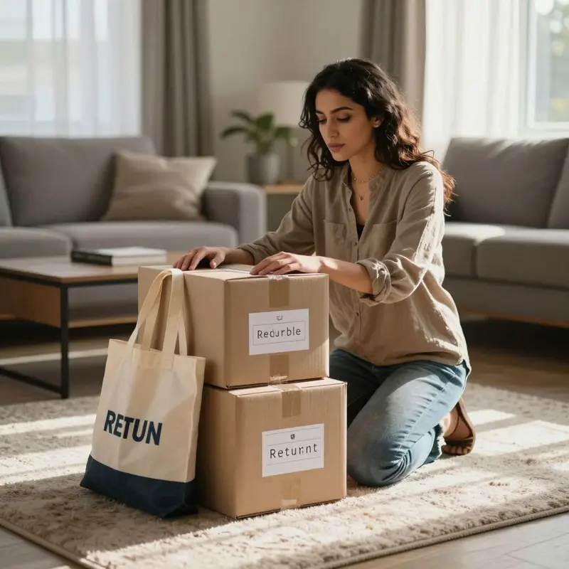 A shopper organizing a stack of return parcels to handle them all at once.