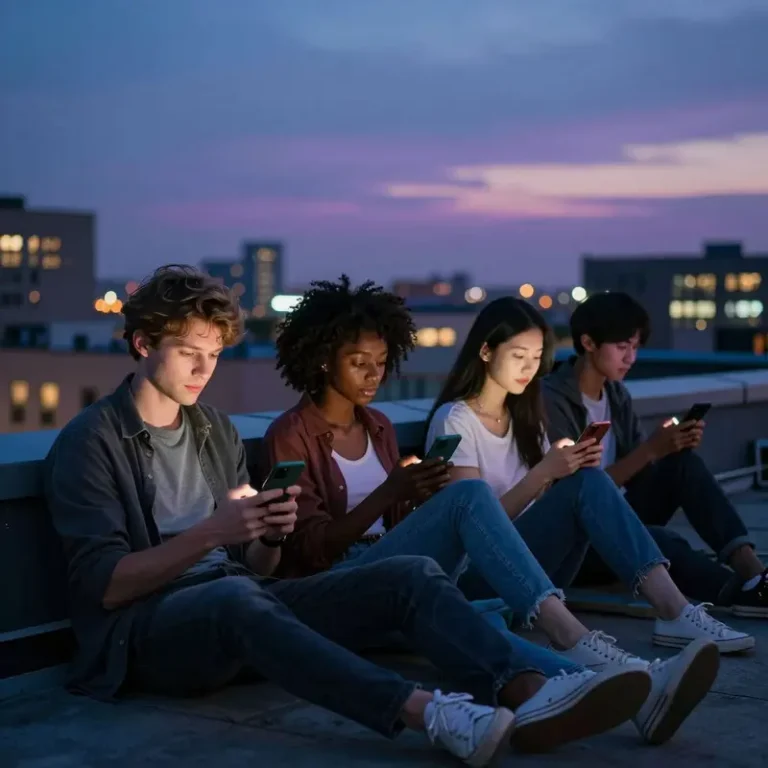 Group of friends on a rooftop at twilight idly browsing AI personalized news apps on their smartphones against a city skyline.