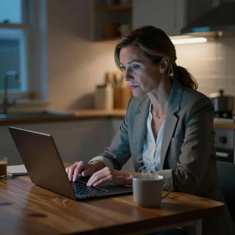 A woman quietly reviews her online subscriptions in a dimly lit kitchen.