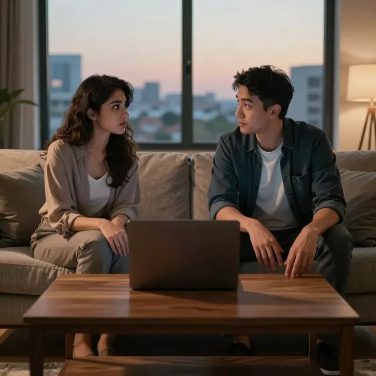 Two people sit on a couch with hands resting on their knees and the table near a closed laptop, reflecting on auto-renew plans and FTC click to cancel compliance.