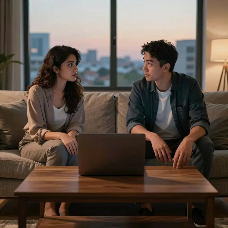 Two people sit on a couch with hands resting on their knees and the table near a closed laptop, reflecting on auto-renew plans and FTC click to cancel compliance.