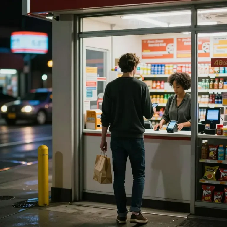 Man walking out of a store holding a phone after using tap to pay checkout, suggesting high checkout speed.