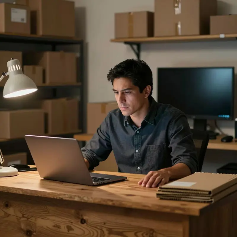 Indie shop owner quietly reviews a troubling spike in abandoned orders from their small office.
