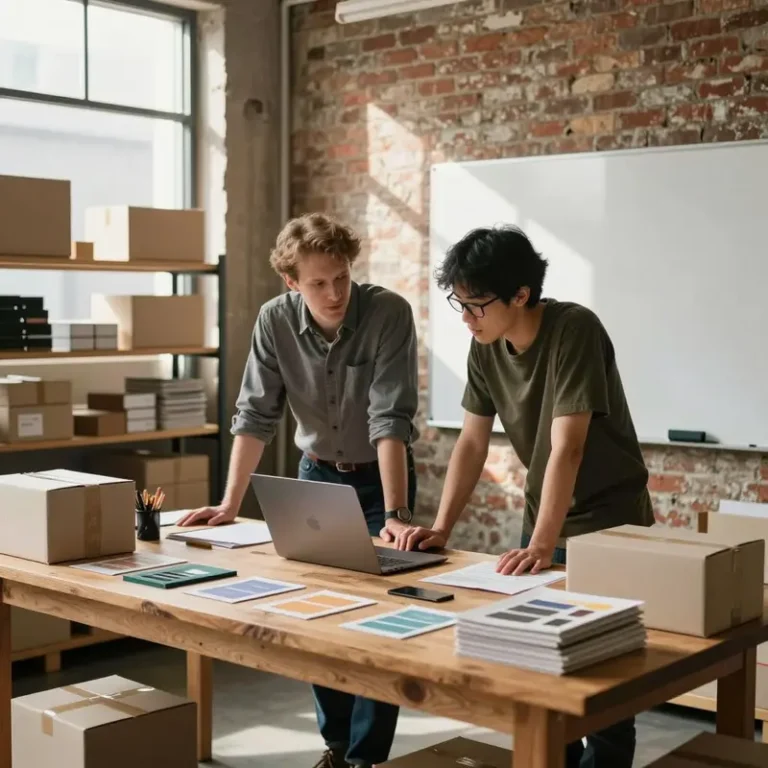 Two indie shop owners stand at a table with packed products, planning how to fix e-commerce AI product recommendations.
