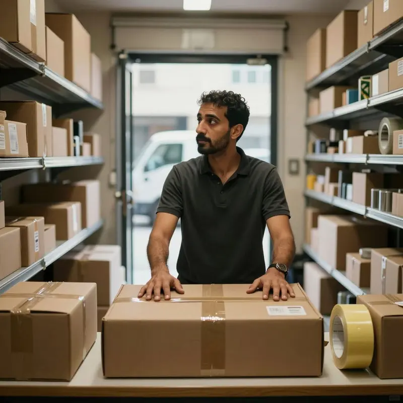 Shop owner stands over packed boxes, sensing growing delays in outbound shipments.