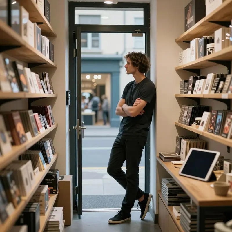 Shop owner stands in a storeroom doorway, reflecting on overreliance on a single traffic source.