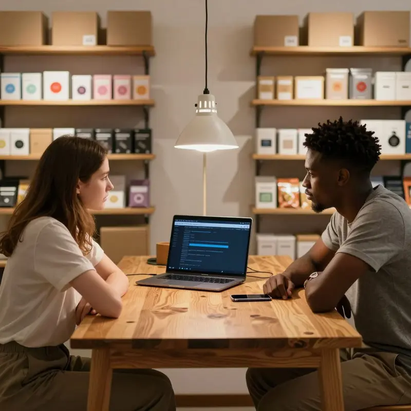 Indie ecommerce shop co-owners at a wooden desk in a small warehouse office, hands resting by a laptop as they focus on key ecommerce exception alerts.