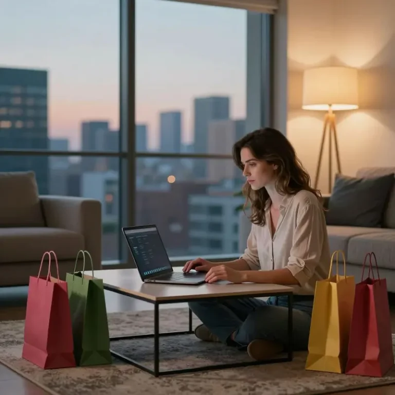 Woman sitting on a rug with hands on a coffee table, planning Klarna repayment scheduling and checking spend limits beside shopping bags.