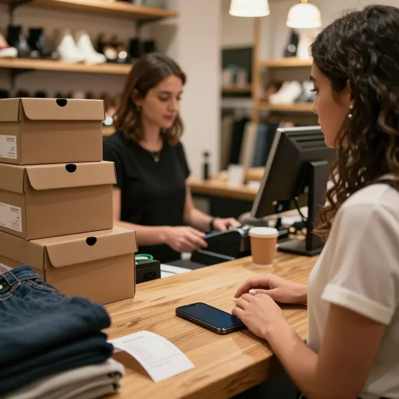 A shopper pauses at a boutique checkout counter before finalizing a purchase.