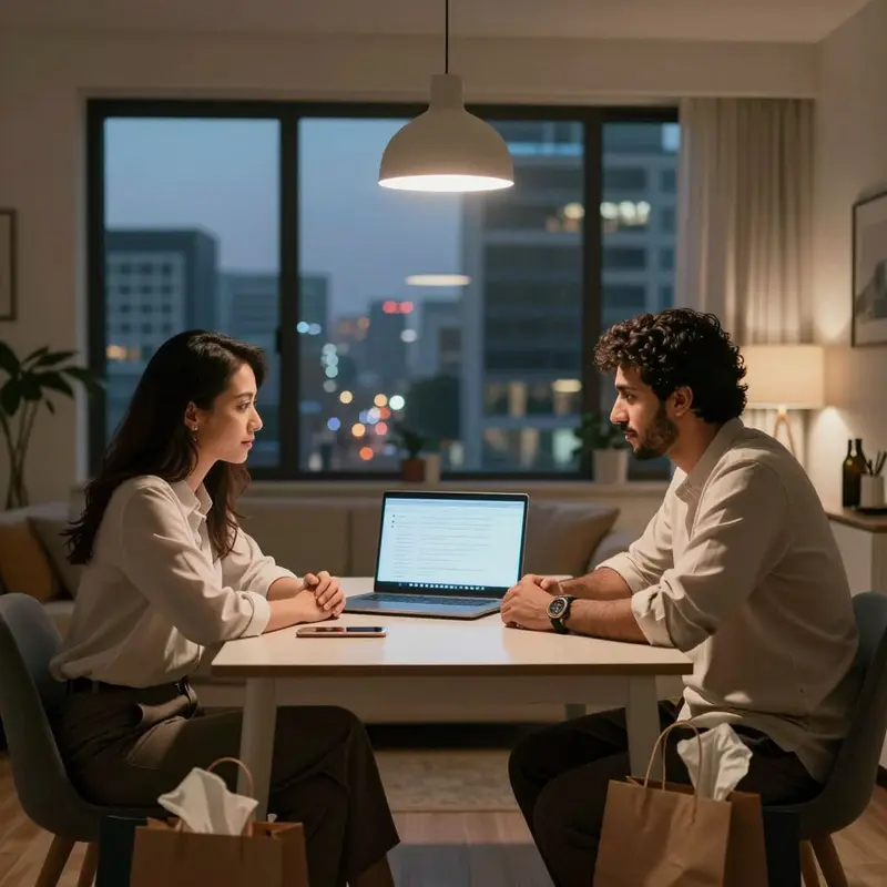 A couple sits at a dining table with shopping bags nearby, calmly reviewing their purchases.