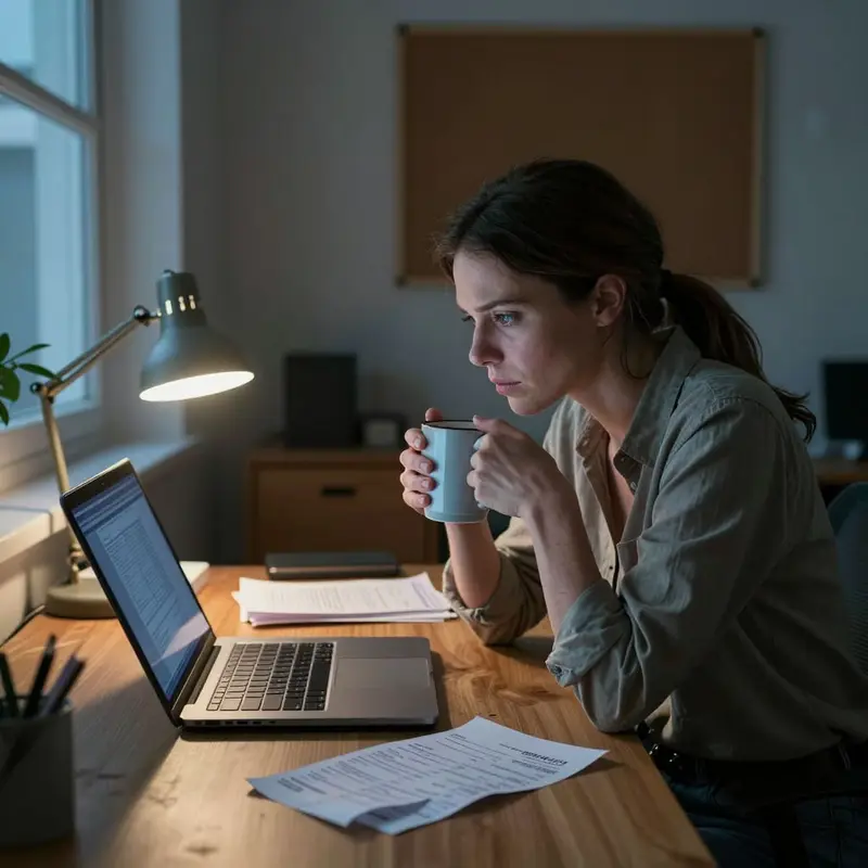 A woman studies her payment schedule in a quiet home office late at night.