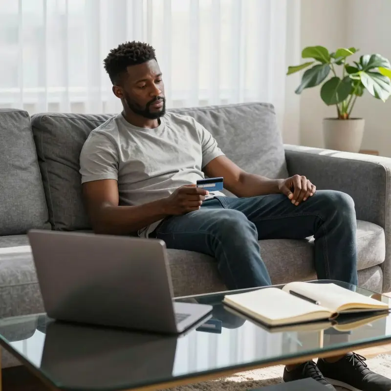 A man sits on a sofa holding a card, pausing to reflect on his changing spending power.
