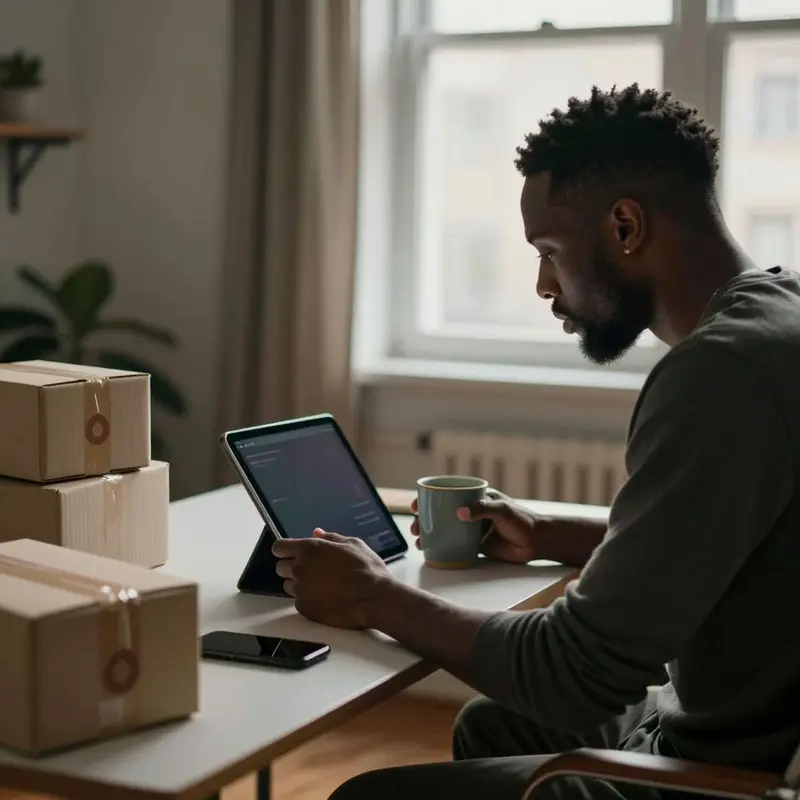 Entrepreneur reviewing email tool charges in a calm but tense workspace.