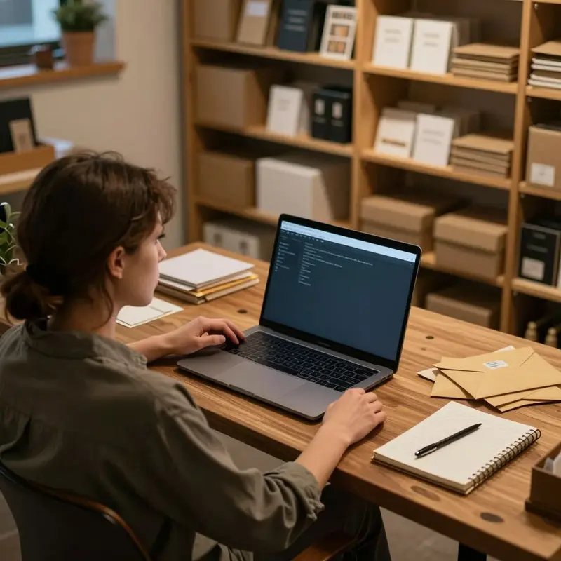 Indie shop owner reflecting on rising email platform costs at a quiet desk.