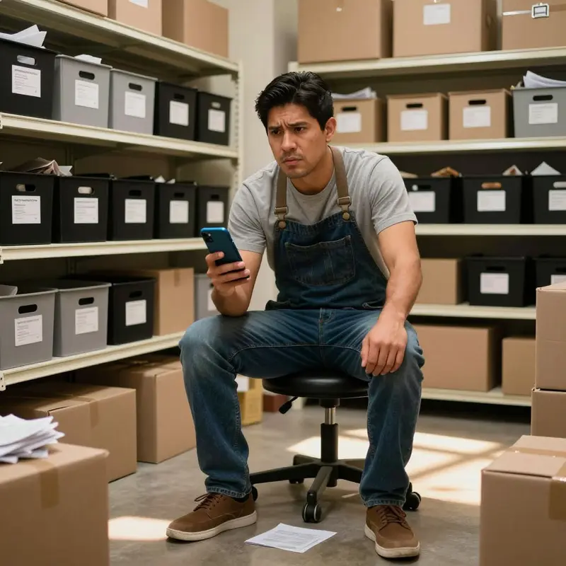 Shop owner sitting among inventory, visibly frustrated by unexpected billing changes.