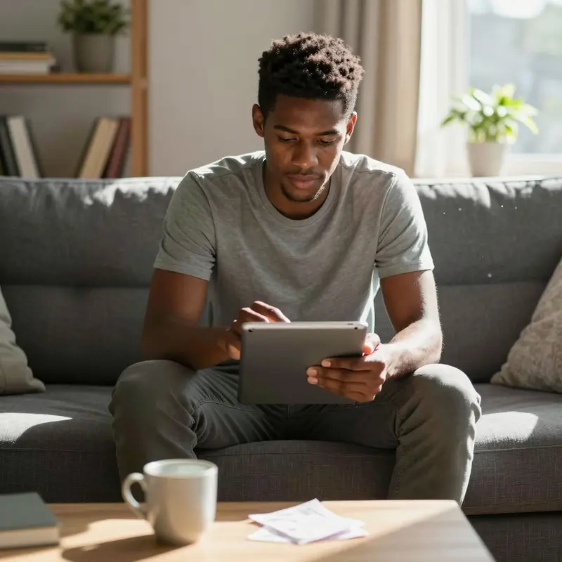 A man sits on his sofa with a tablet, quietly reflecting on recurring subscription costs.