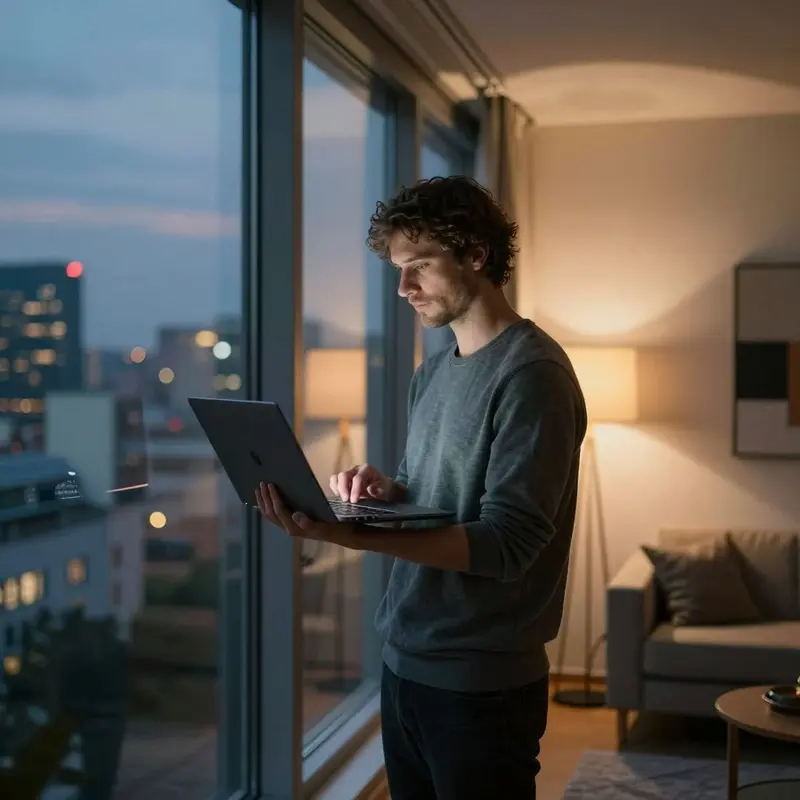 A man stands by a window holding a laptop, reflecting on the future of his subscriptions.