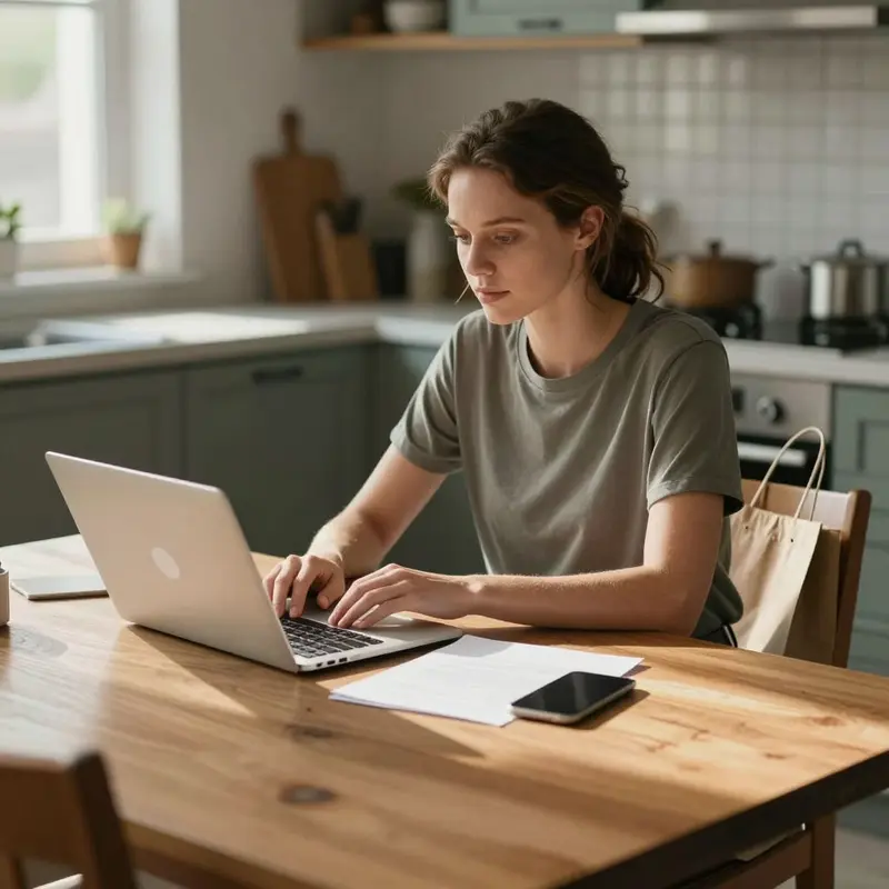 A shopper calmly reviewing essentials at a kitchen table before making online purchases.