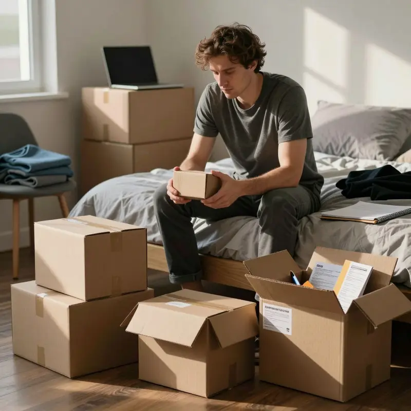 Man sitting on a bed surrounded by return parcels from online shopping, reflecting on return guilt and the time spent handling packages.