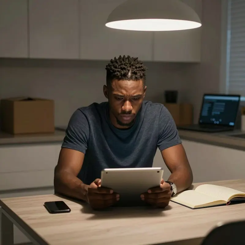 A worried seller sits at a kitchen table holding a tablet amid stacked shipping boxes.