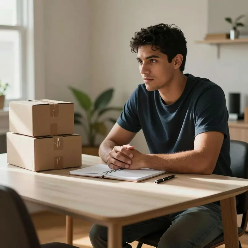 A shopper reflecting near a stack of parcels, ready to track patterns in returned items.