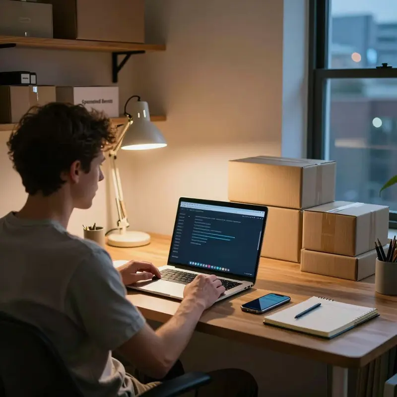 Caucasian Amazon side hustler at a desk preparing a sponsored brands product collections update for a growing side hustle.