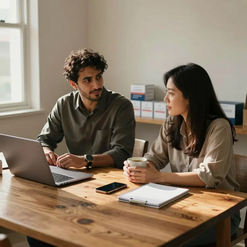 Two Amazon sellers sit together at a dining table workspace, ready to finalize their ad strategy.