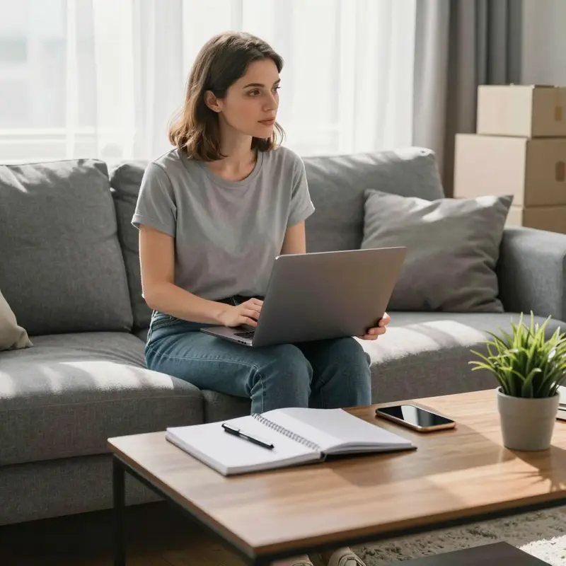 A seller calmly reviews her tools in a bright living room surrounded by shipping boxes.