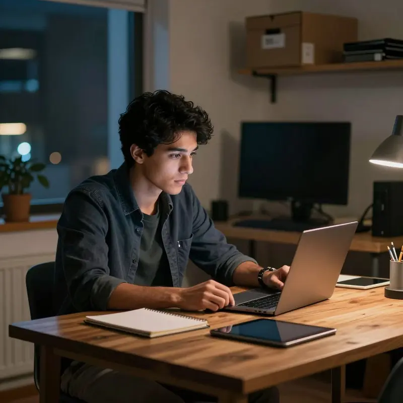 A side hustler studies trends in a late-night workspace surrounded by inventory.