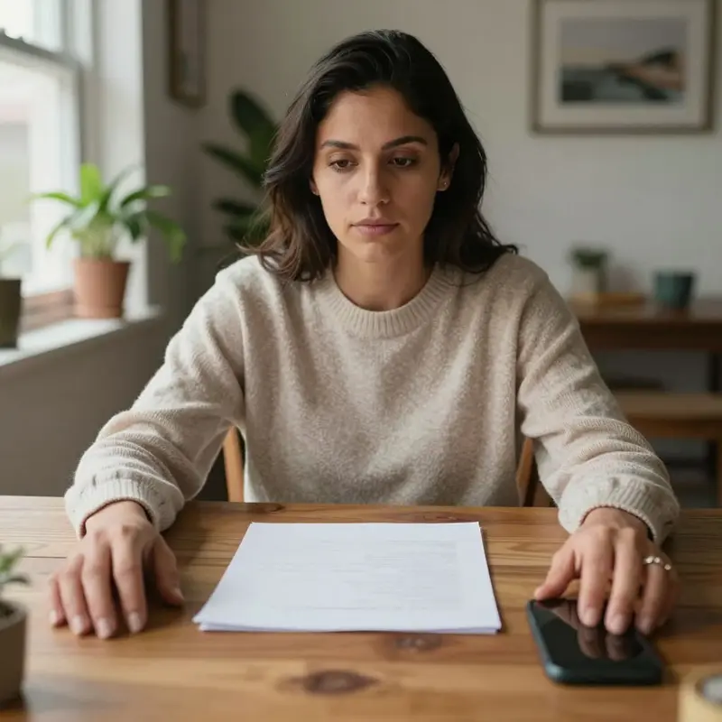 A woman sits at her dining table, contemplating how transparent renewals affect her.
