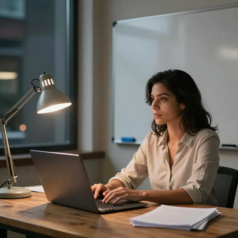 Indie shop owner quietly evaluating AI tools in a calm office at night.