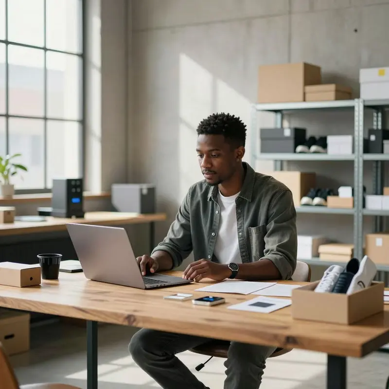 Entrepreneur sits at a wooden table with product samples and a closed laptop in bright natural light.
