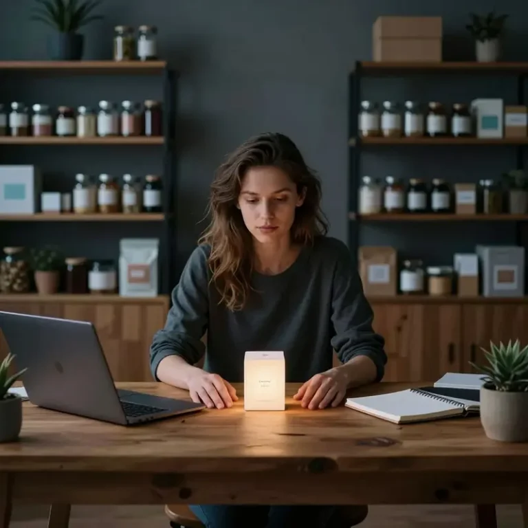 European indie shop owner at a studio desk focusing on a single product to improve product title optimization for AI listings.