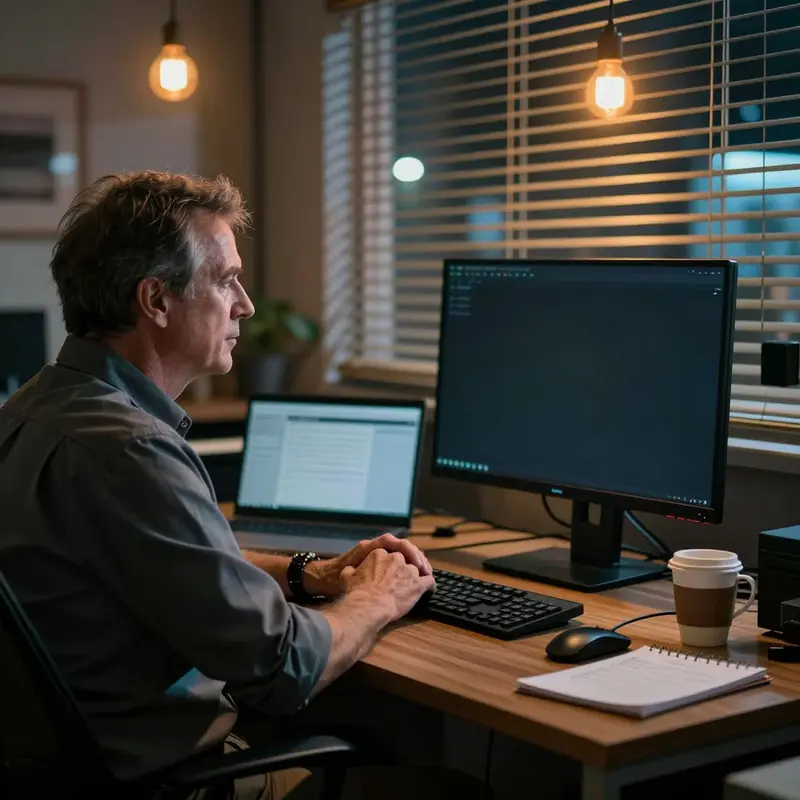 Store owner sits at a desk at night, hands folded near a dim monitor with city lights outside.