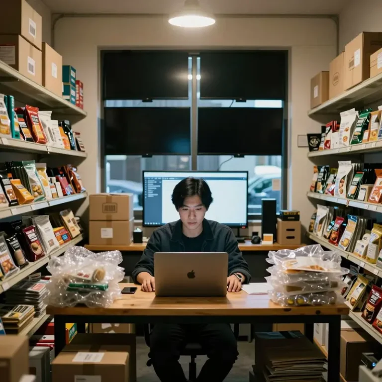 Asian indie shop owner in a stockroom with hands on a closed laptop and dark monitors, surrounded by products tied to Amazon Google product feed compliance.
