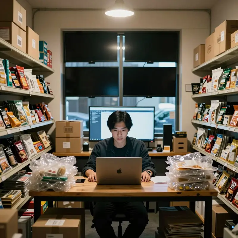 Asian indie shop owner in a stockroom with hands on a closed laptop and dark monitors, surrounded by products tied to Amazon Google product feed compliance.