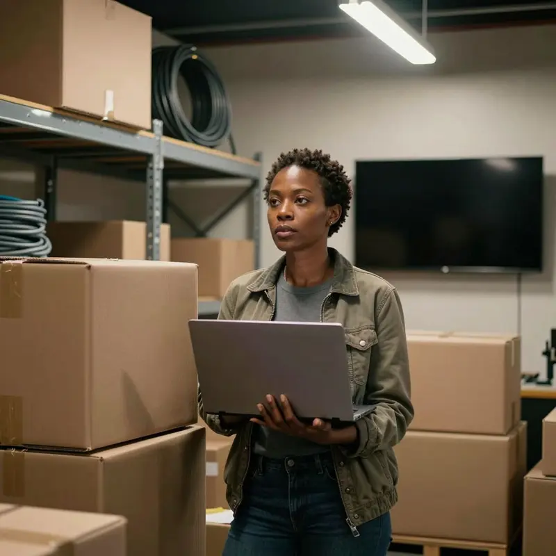Store owner in a warehouse holding a closed laptop near stacked inventory boxes.