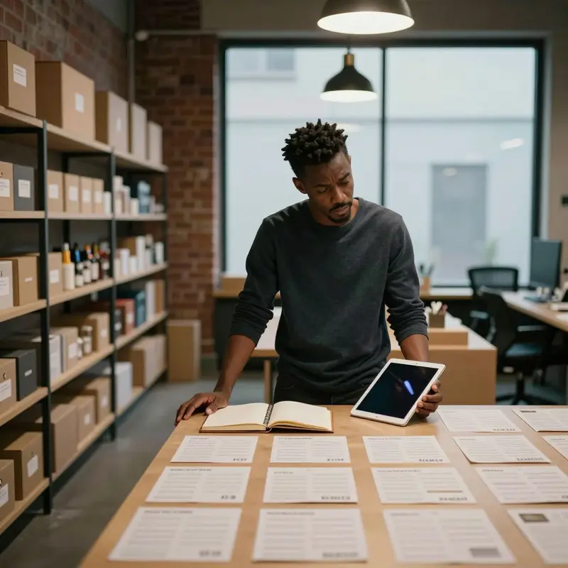 A shop owner studies inventory shelves, reflecting on changing patterns beyond what manual logs reveal.