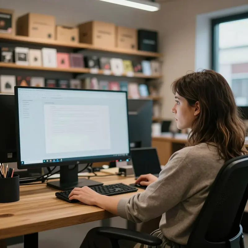 Indie shop owner in a small office weighing Channable vs Feedonomics with blurred screens and product boxes in the background.