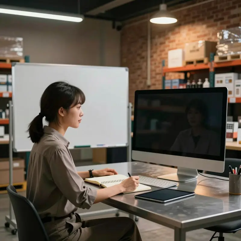 An operations lead sits at a metal table with closed devices, facing a dark monitor in a warehouse office.