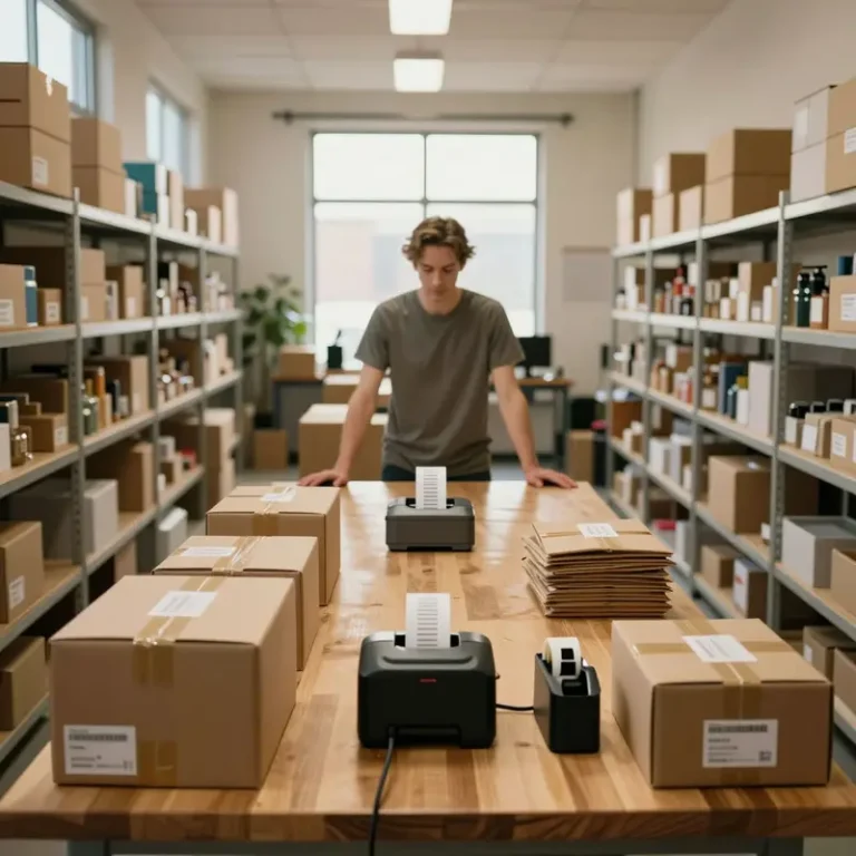 Indie shop owner standing at a central packing table with five organized stations and surrounding inventory shelves, representing calm ecommerce order inventory automation.