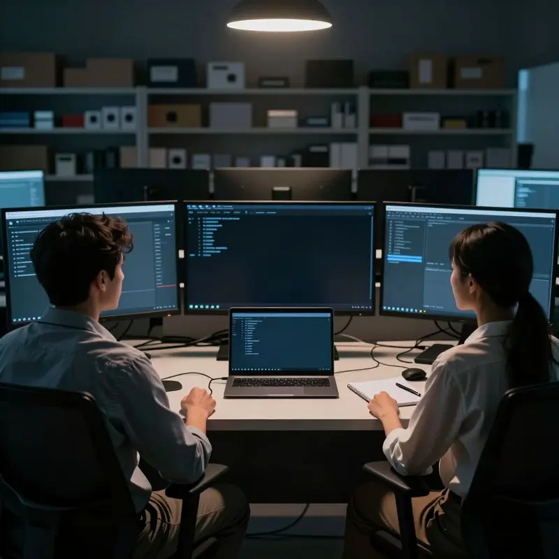 Two specialists seated in front of dark monitors with a closed laptop and blank notepad, suggesting work on a Google Merchant price mismatch fix.