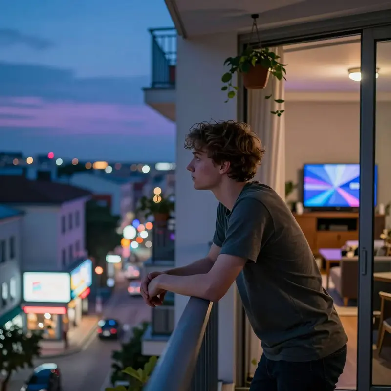 Indie retailer stands on a balcony at dusk, hands clasped on the railing, watching the lit city below.