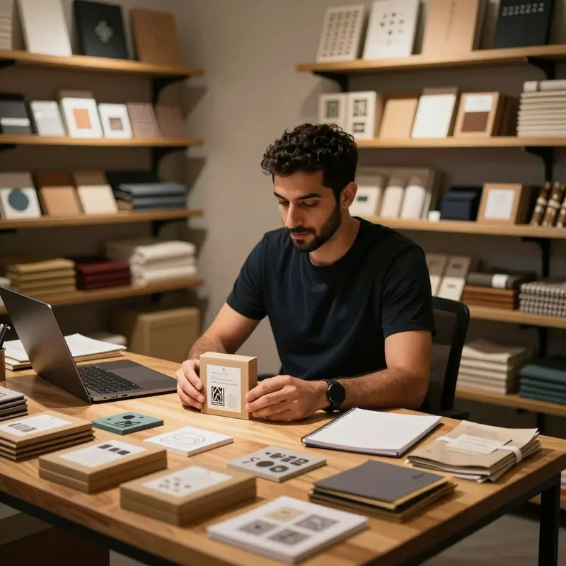 Indie shop owner carefully examining one product amid neatly arranged inventory.