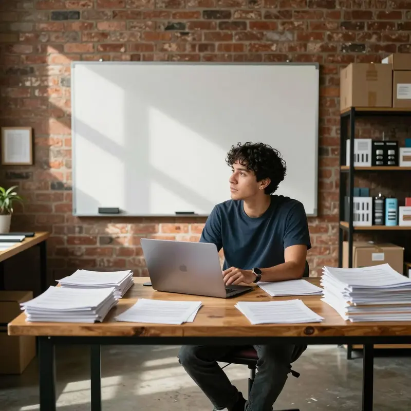 An indie shop owner quietly reviews their setup while contemplating hidden system dependencies.