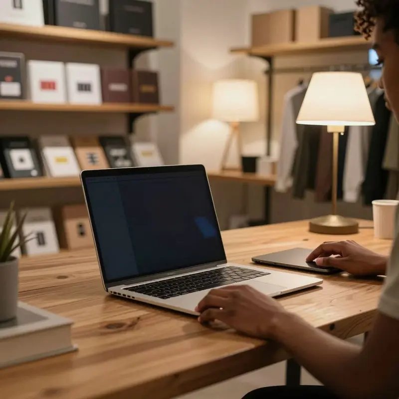 A shop owner keeps one laptop dark while preparing a new setup to migrate safely to the Merchant API.