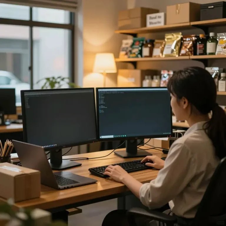 Asian indie shop owner in a small office preparing for Google Content API sunset prep with equipment ready on the desk.